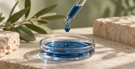 Illustratief sfeerbeeld van een pipet met blauw serum bij de uitleg over koperpeptiden