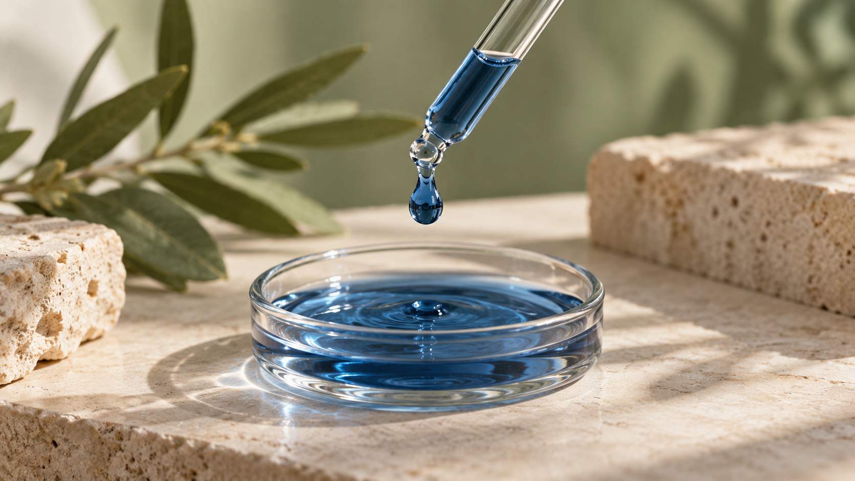 Illustratief sfeerbeeld van een pipet met blauw serum bij de uitleg over koperpeptiden