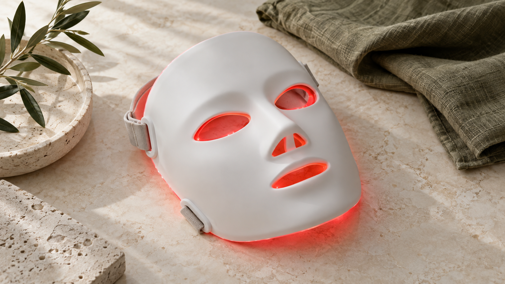 Illustratief sfeerbeeld van een wit LED-gezichtsmasker met een zachte rode gloed
