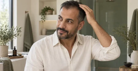 Man met een terugtrekkende haarlijn die zijn bestaande haar rustig in model brengt