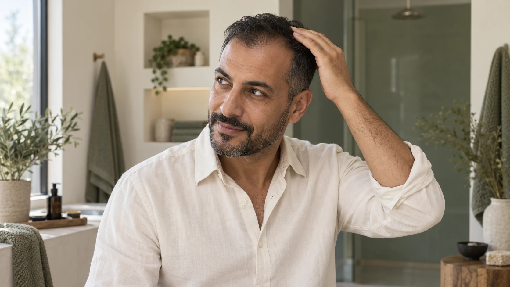 Man met een terugtrekkende haarlijn die zijn bestaande haar rustig in model brengt