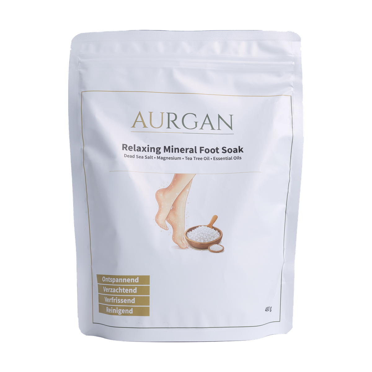Aurgan Foot Soak 480g – Voetenbadzout met Tea Tree, Rozemarijn, Kamille & Munt